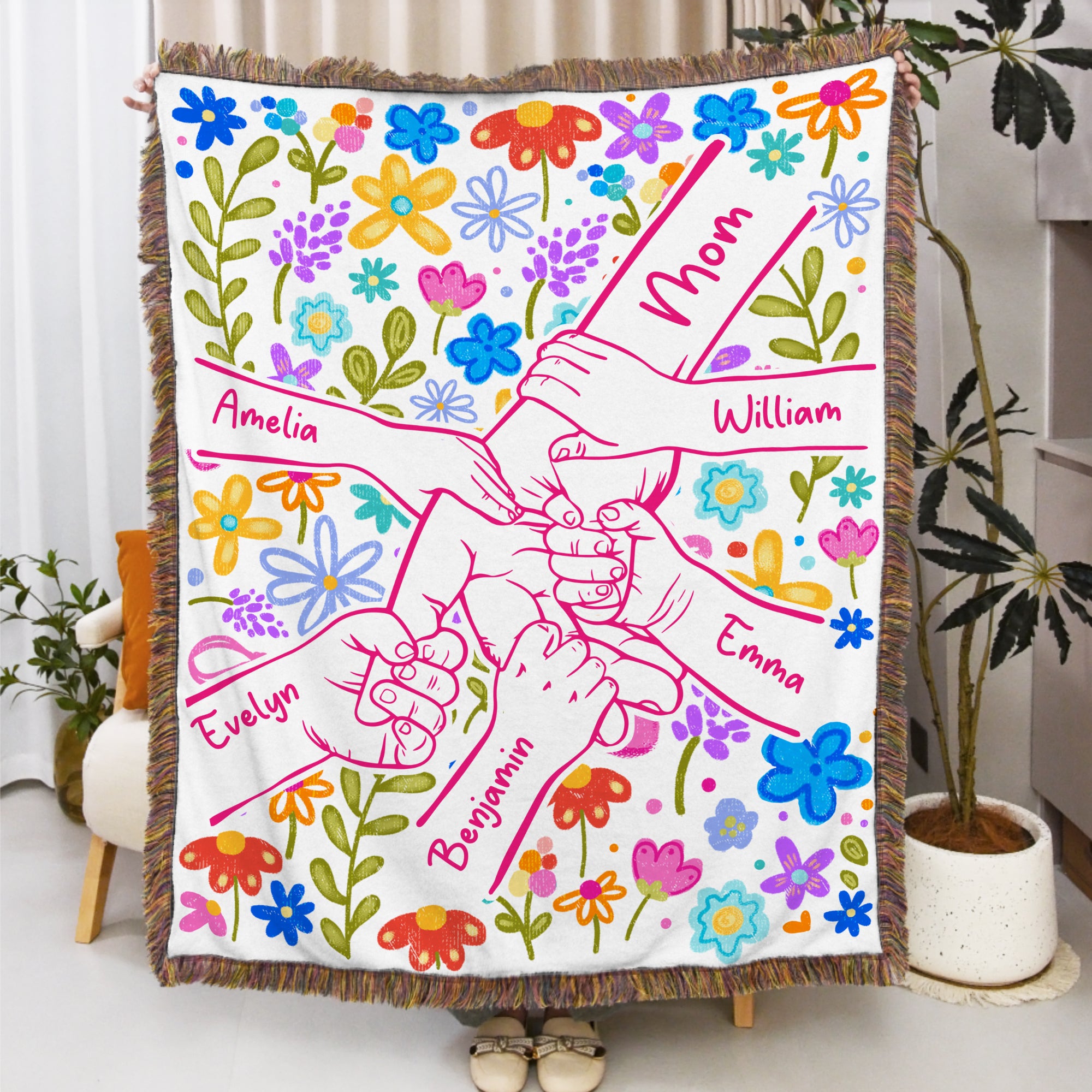 Manta personalizada de borlas con nombre, flores de colores, para el Día de la Madre, regalo de cumpleaños para la abuela.