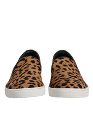 Men's Brown Calfskin Fur Leopard Sneakers Shoes Black And Calf Leather