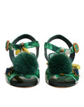 Women's Green Crystal Fur Embellished Sandals Shoes Silk Hay Mink