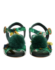 Women's Green Crystal Fur Embellished Sandals Shoes Silk Hay Mink