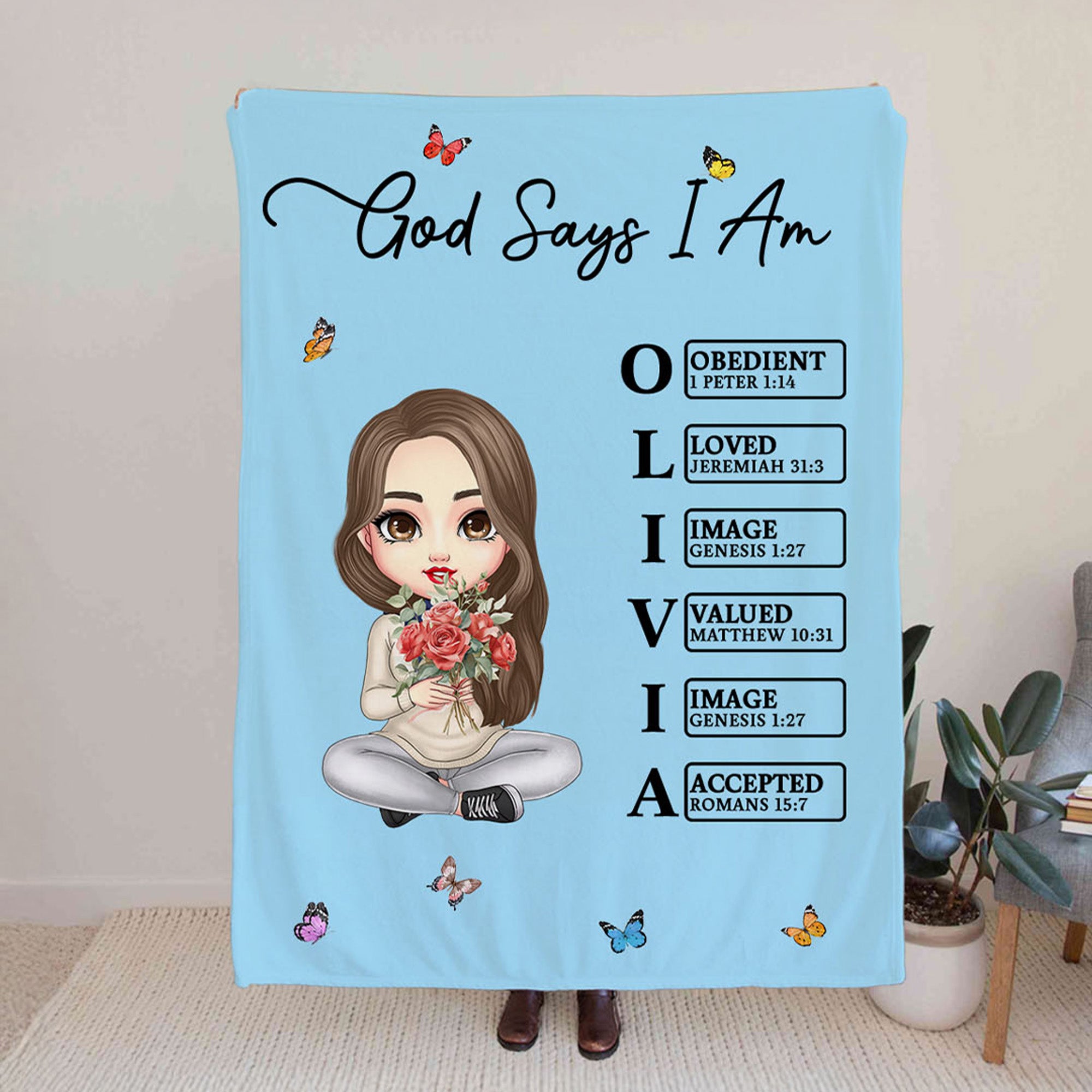 Personalizado lindo personaje de dibujos animados Nacimiento Flor Bouquet Suave manta con nombre y versículo de la Biblia Cumpleaños Regalo de Navidad para Niñas Mujeres
