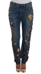 Women's Crystal Roses Heart Embellished Jeans Blue Viscose Clothing
