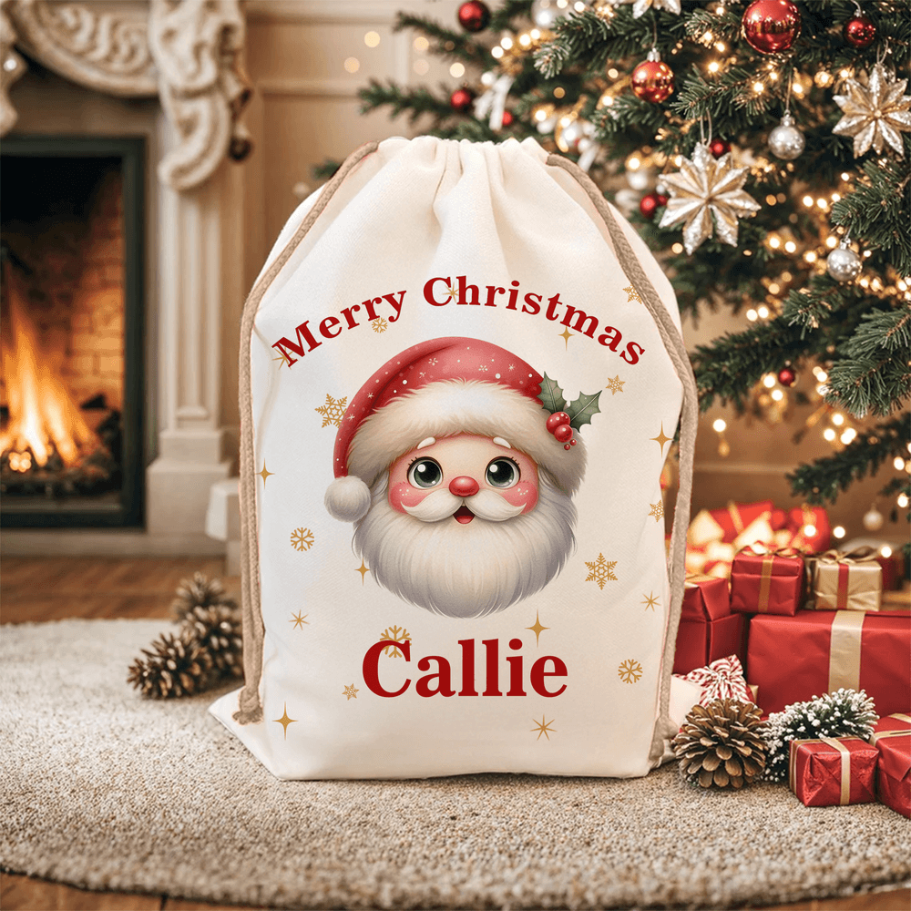 Bolsa de regalo de cordón personalizada con el nombre y el texto de Papá Noel de dibujos animados lindo regalo de Navidad para la familia amigos