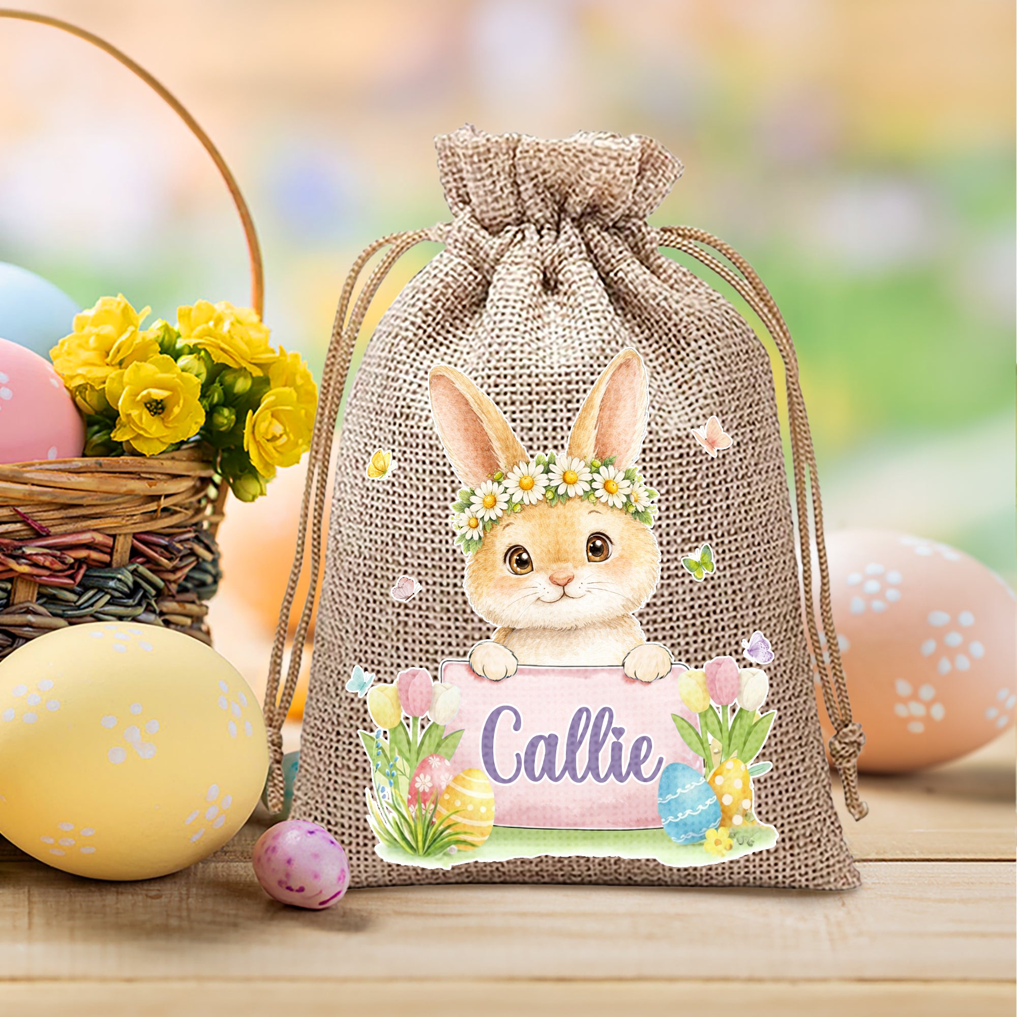 Conejo de Pascua Personalizada Flor Círculo Caricatura Highland Vaca Bolsa de caramelos con nombre Pascua Regalo para los niños