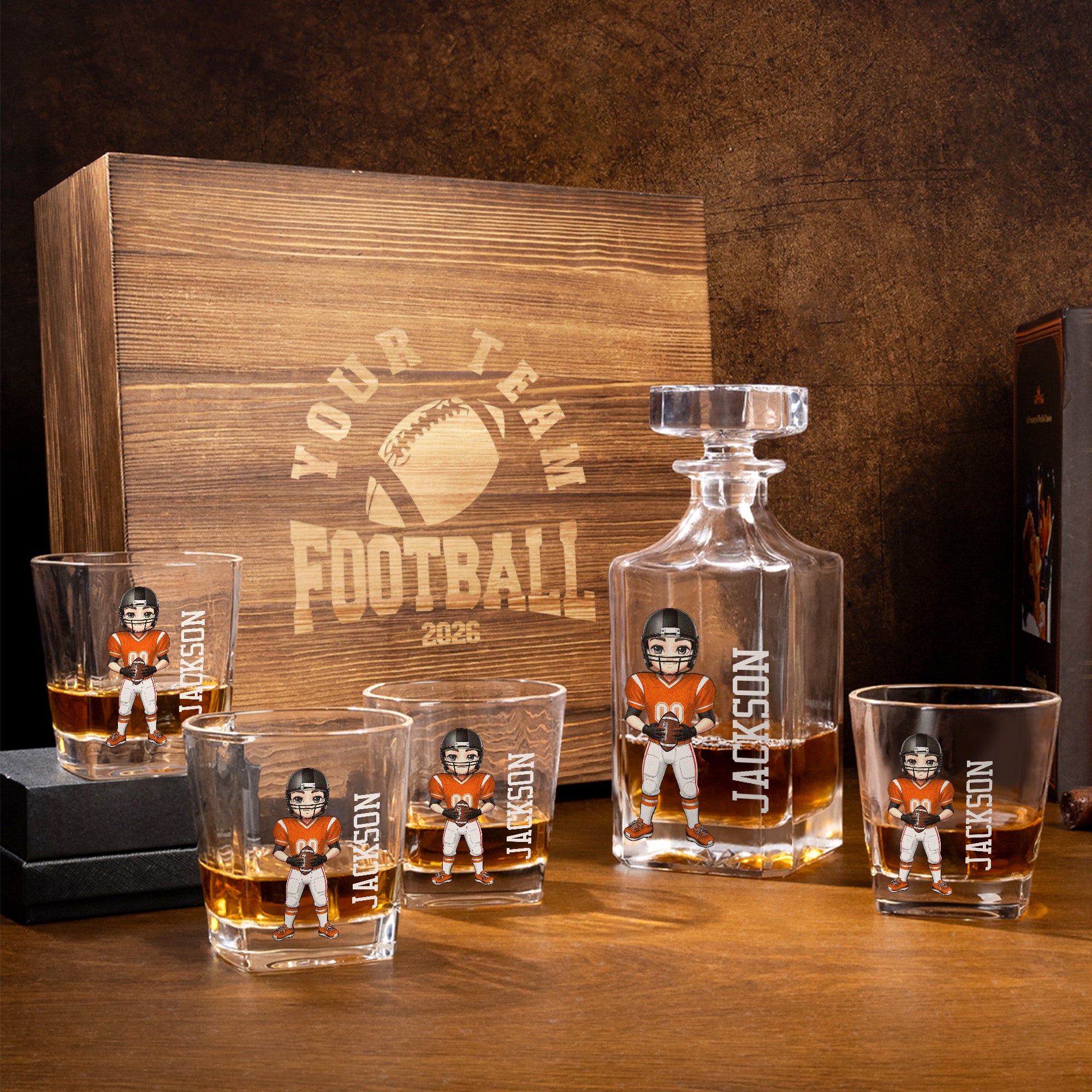 Juego de 2 copas de whisky personalizadas con nombre y número, regalo de cumpleaños para los amantes del fútbol americano