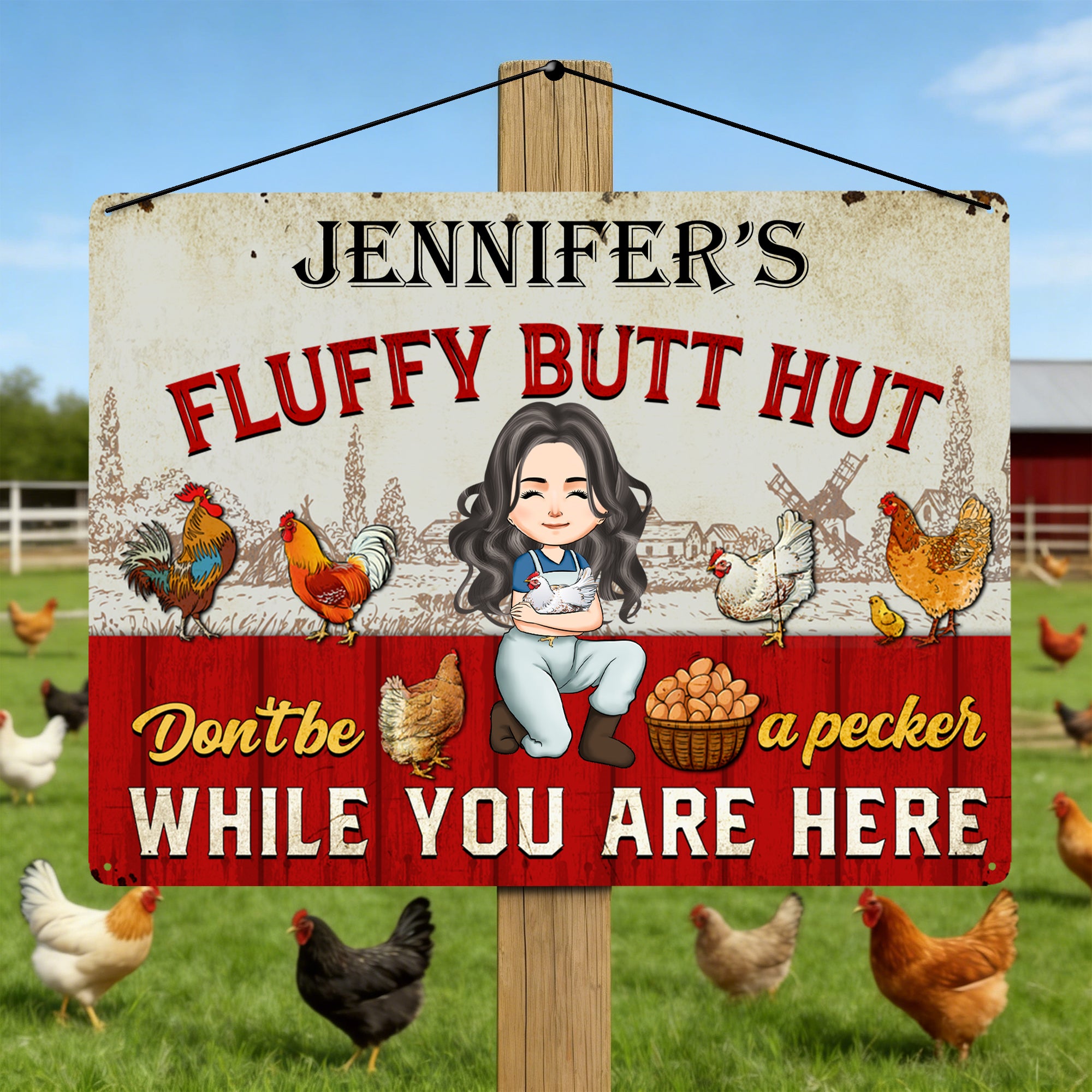 Granja personalizada de dibujos animados personaje de hojalata hoja de colgar la pintura con el nombre de gallinero decoración de cumpleaños de regalo para el agricultor papá mamá