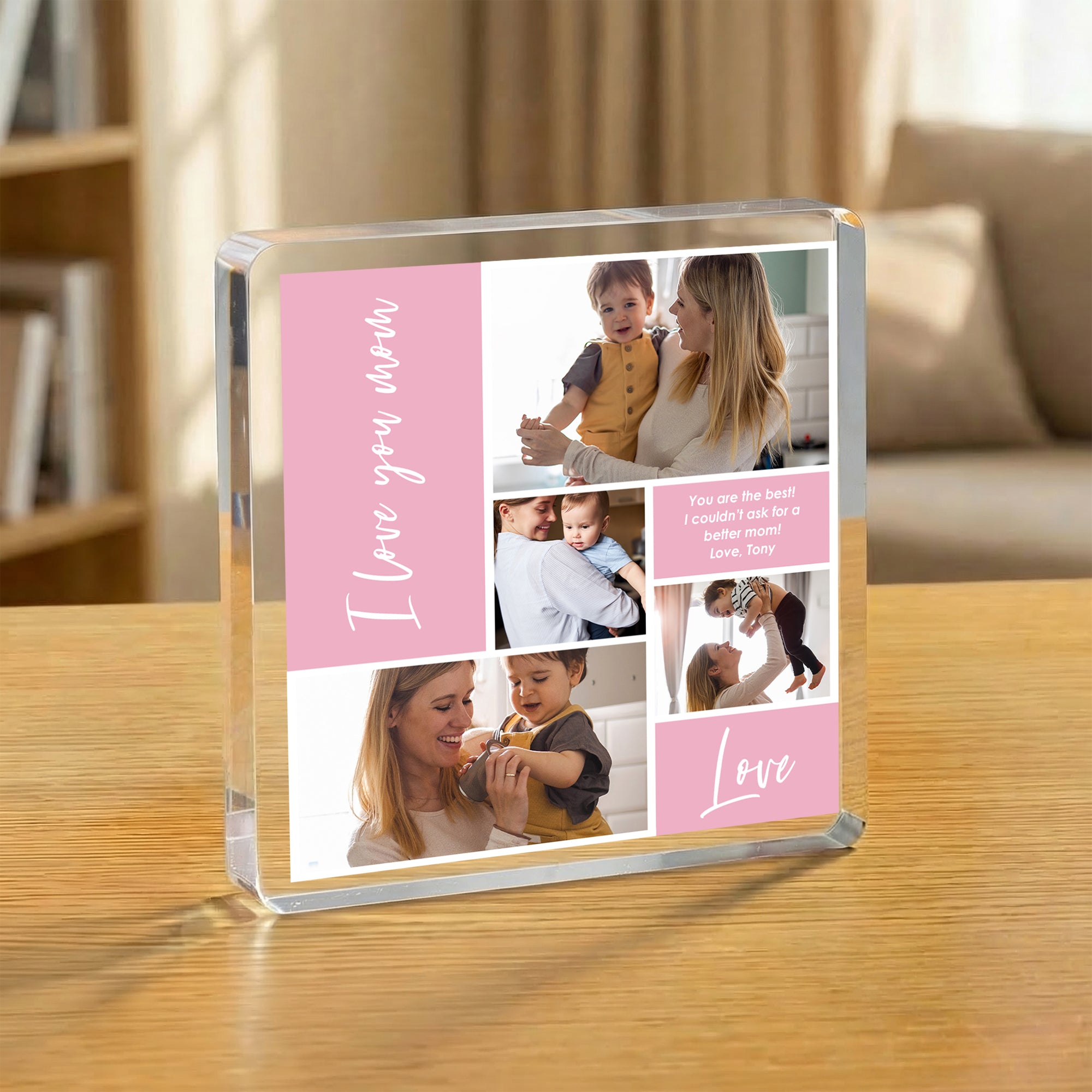 Placa acrílica cuadrada personalizada multicolor de 4 fotos con título y texto Día de la Madre Cumpleaños Regalo para mamá Familia