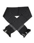 Men's Black White Polka Dotted Silk Skinny Fringes Scarf