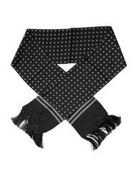 Men's Black White Polka Dotted Silk Skinny Fringes Scarf
