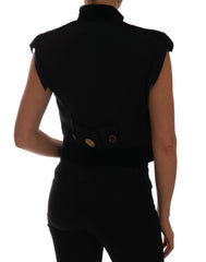 Women's Black Embellished Floral Military Jacket Vest Cotton Clothing