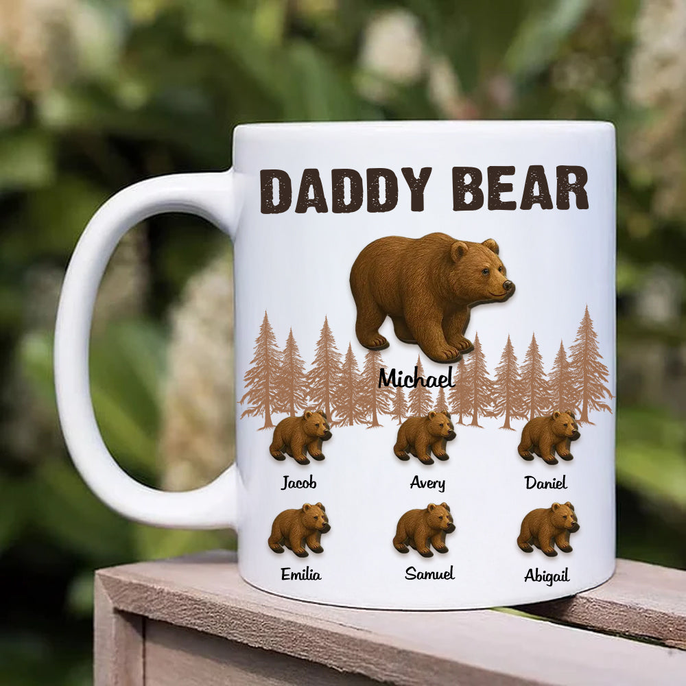 Taza de café de cerámica personalizada del oso del papá del bosque que lleva el oso del cabrito 11 onzas con 1-12 nombres Regalo del día del padre del cumpleaños para el abuelo del papá