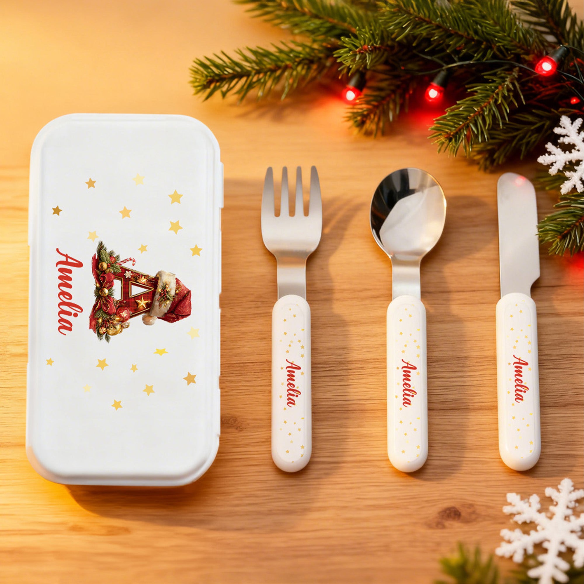Sombrero de Navidad Personalizado Iniciales Seguro Acero Inoxidable Tenedor Cuchara Cuchillo 3 Piezas Juego de Cubiertos con Estuche y Nombre Regalo de Navidad para Niños
