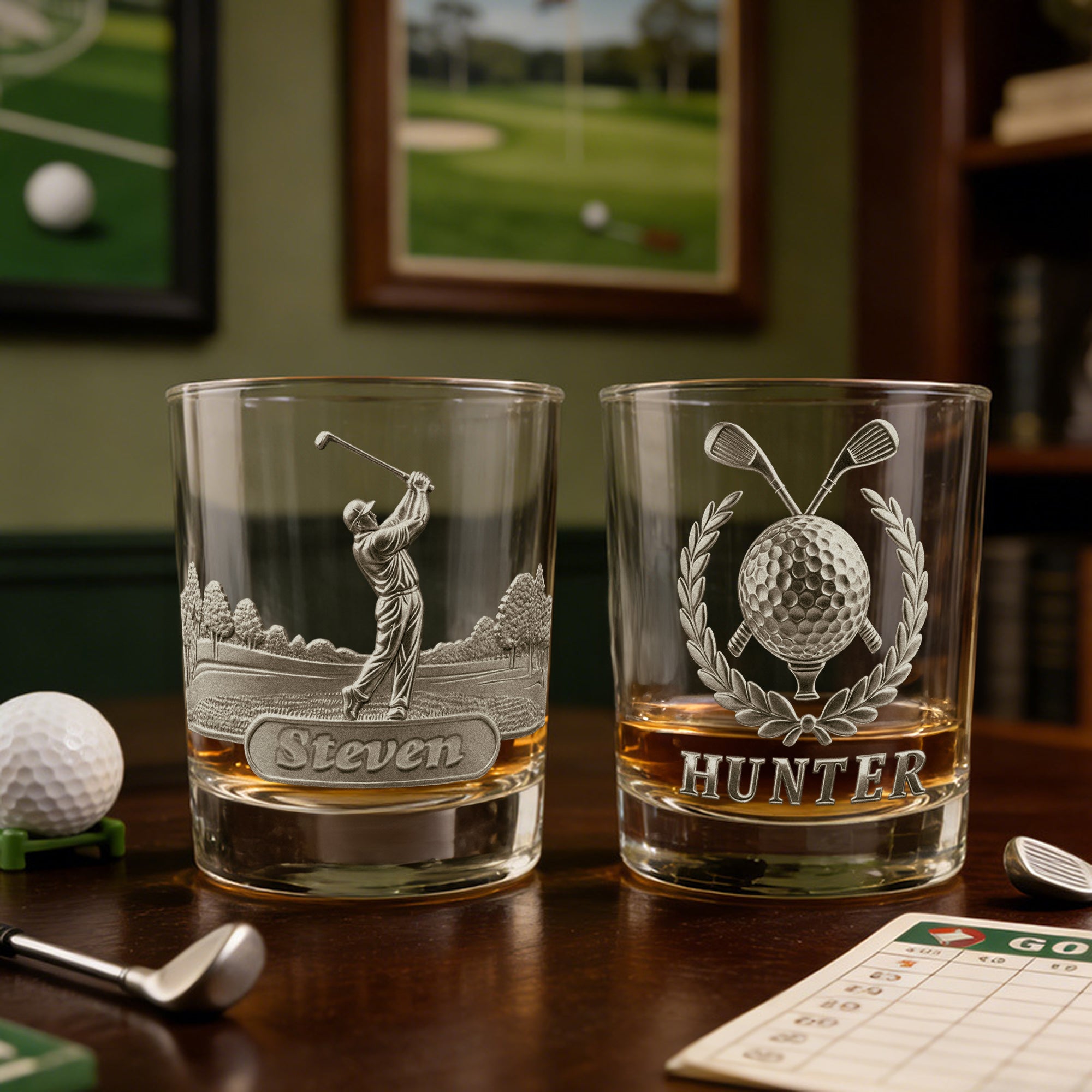 Vaso de Whisky Personalizado 2D Estilo Metálico Tema Golf con Nombre Club de Golf Cumpleaños Día del Padre Regalo para Amantes del Golf