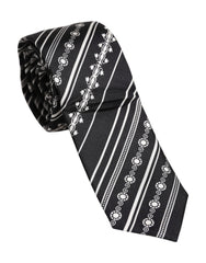 Men's Black White Stripes Silk Adjustable Necktie Tie And