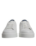 Men's White Blue Leather Logo Low Top Sneakers Shoes And Calf