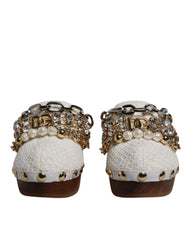 Women's White Raffia Clogs Bejeweled Chain Sandals Shoes Viscose Leather Cotton