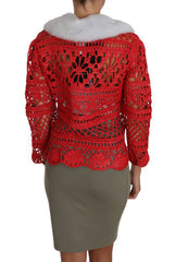Women's Red Cardigan Crochet Knit Raffia Sweater Viscose Clothing