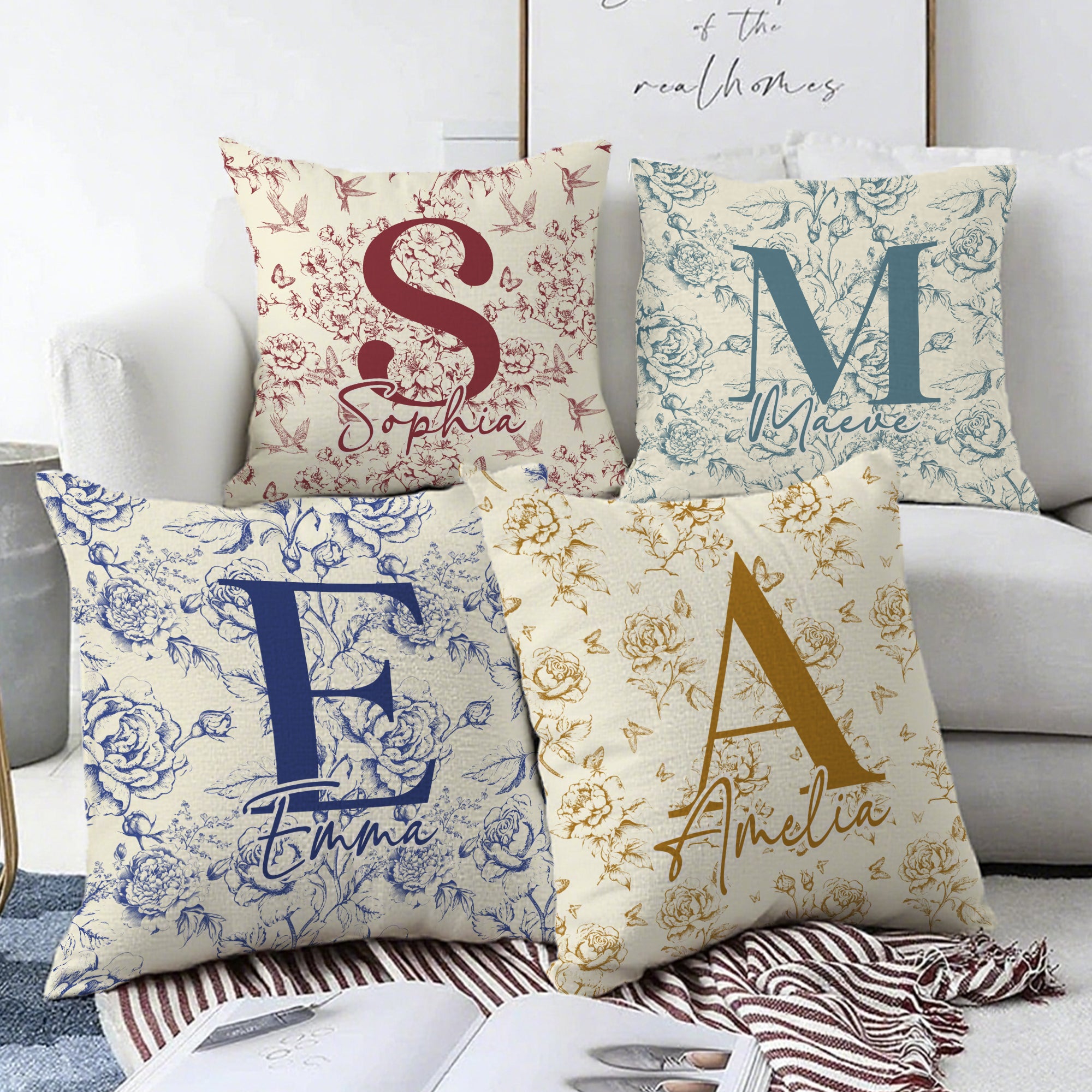 Personalizada Toile De Jouy Floral Inicial Suave Funda de Almohada con Nombre Decoración del Hogar Cumpleaños Regalo de Navidad para las mujeres