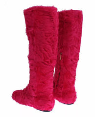 Women's Pink Lamb Fur Leather Flat Boots Shoes Lambskin