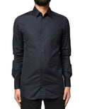 Men's Dark Blue Gold Cotton Long Sleeves Dress Shirt
