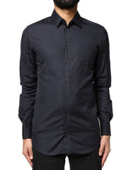 Men's Dark Blue Gold Cotton Long Sleeves Dress Shirt