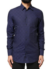 Men's Blue Check Tartan Gold Formal Dress Shirt Cotton