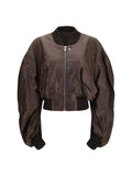 Rick Owens Cropped Leather Bomber Jacket — Brown