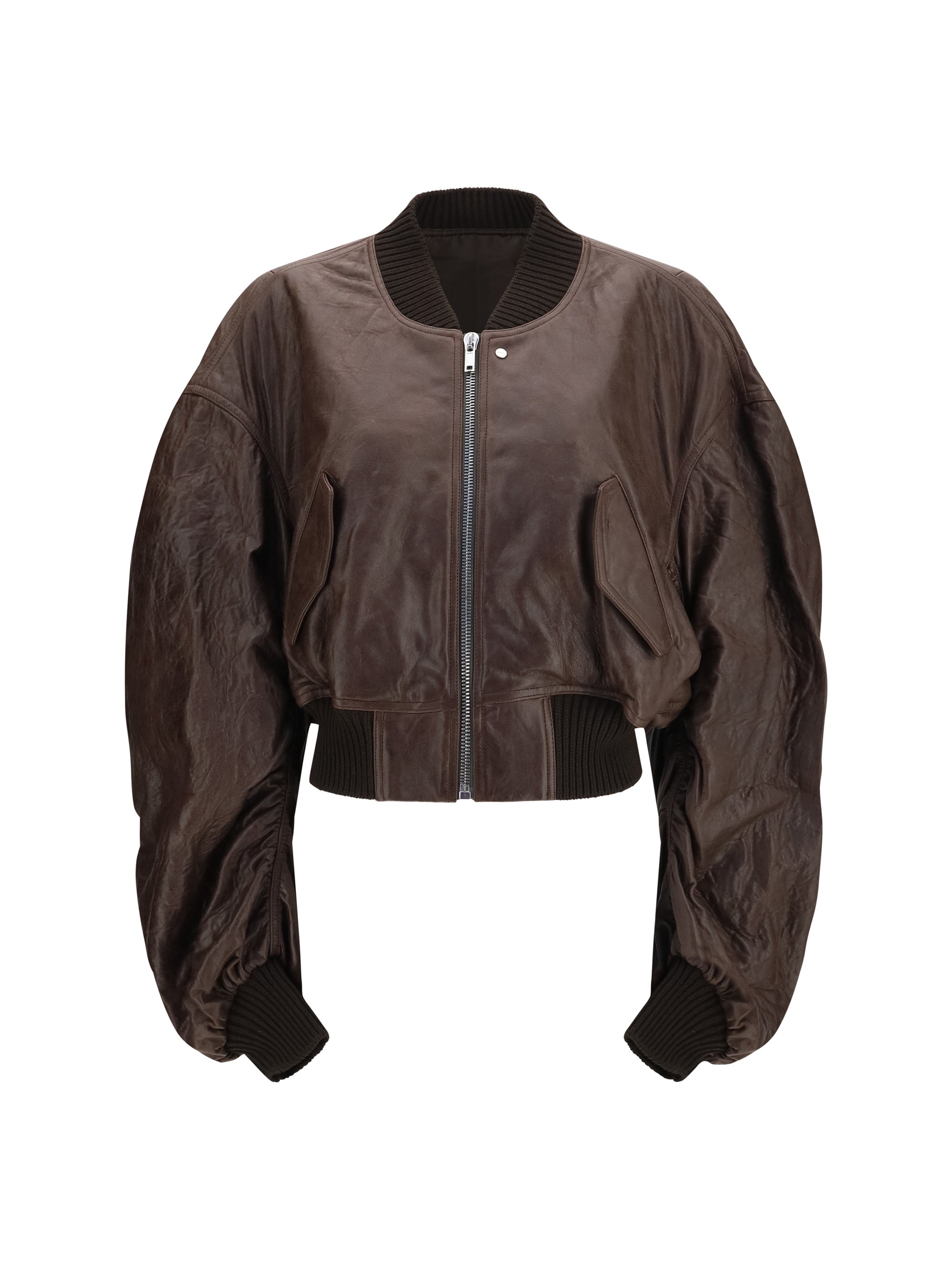 Rick Owens Cropped Leather Bomber Jacket — Brown
