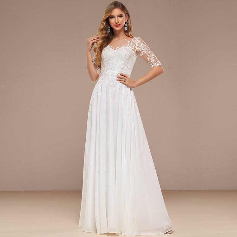 Bridal Wedding Dress Ivory 1 2 Sleeve Long V-Neck A-line
