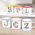 Personalizada Estrellas Nube Arco Iris Alfabeto 12 oz borde de color esmalte taza con nombre de vuelta a la escuela Regalo de cumpleaños para niños Niñas