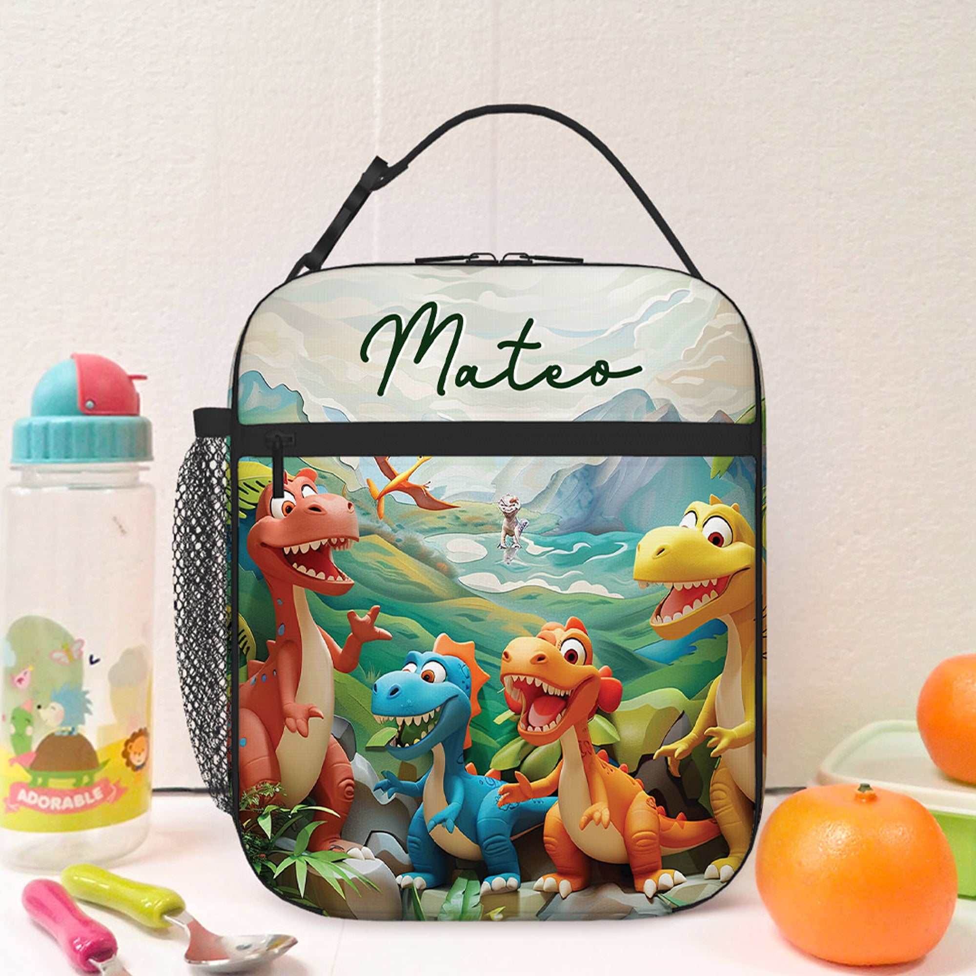 Bolsa de almuerzo aislante personalizada de dibujos animados de dinosaurios, unicornios y fantasía con nombre, para niños y niñas, como regalo de vuelta al cole.