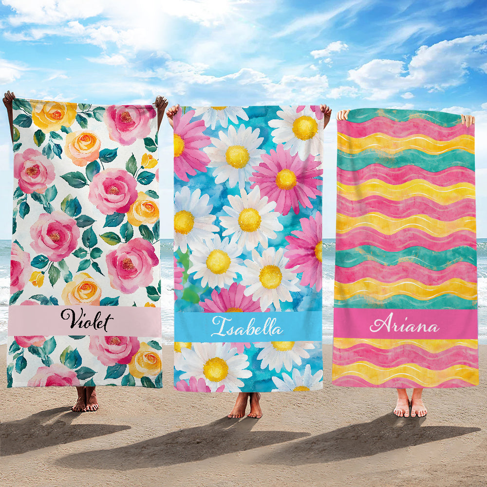 Toalla de Playa Personalizada con Nombre, Acuarela, Floral, Rayas, Suave, Secado Rápido, Fiesta en la Playa, Vacaciones de Verano, Regalo para Mujer