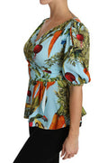 Women's Multicolor Vegetable Print Silk Top Peplum Wrap Blouse Spandex