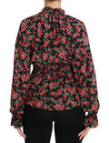 Women's Black Rose Print Floral Shirt Top Blouse Silk