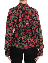 Women's Black Rose Print Floral Shirt Top Blouse Silk