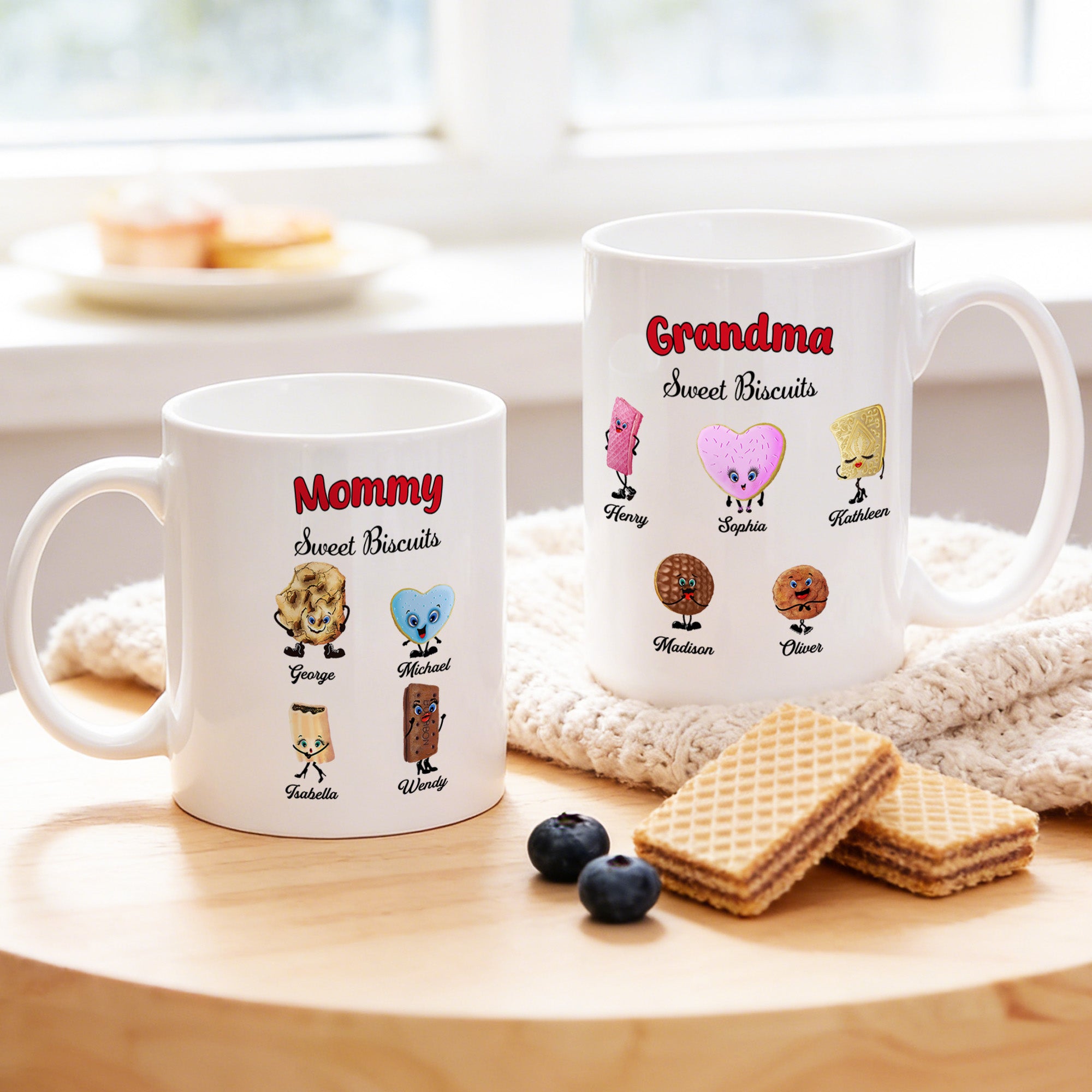 Personalizado 1-10 Cartoon Cookie Wafer 11oz 15oz Taza de café de cerámica con nombres y título Día de la Madre Cumpleaños Regalo para Mamá Abuela