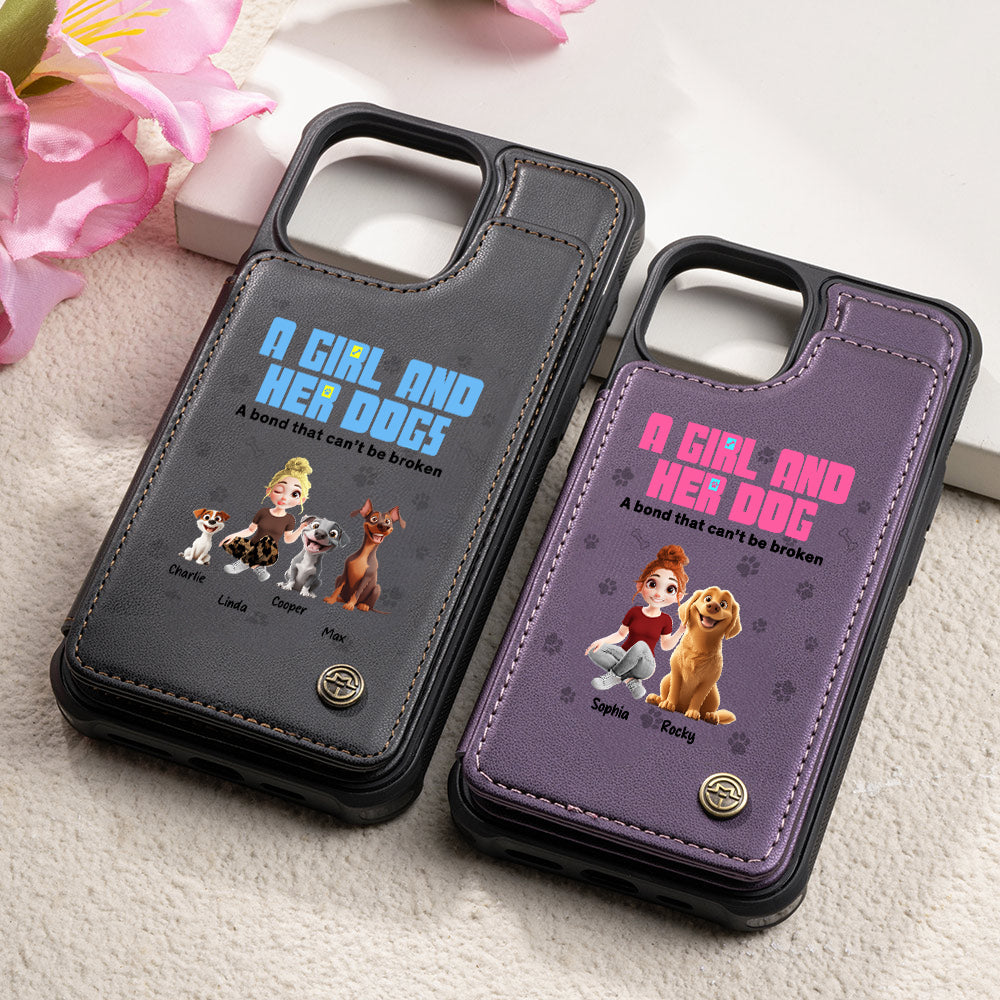 Caricatura personalizada en 3D Una chica y sus perros tienen un vínculo inquebrantable Funda para teléfono con tarjetero con bloqueo RFID Regalo de cumpleaños para dueños de perros