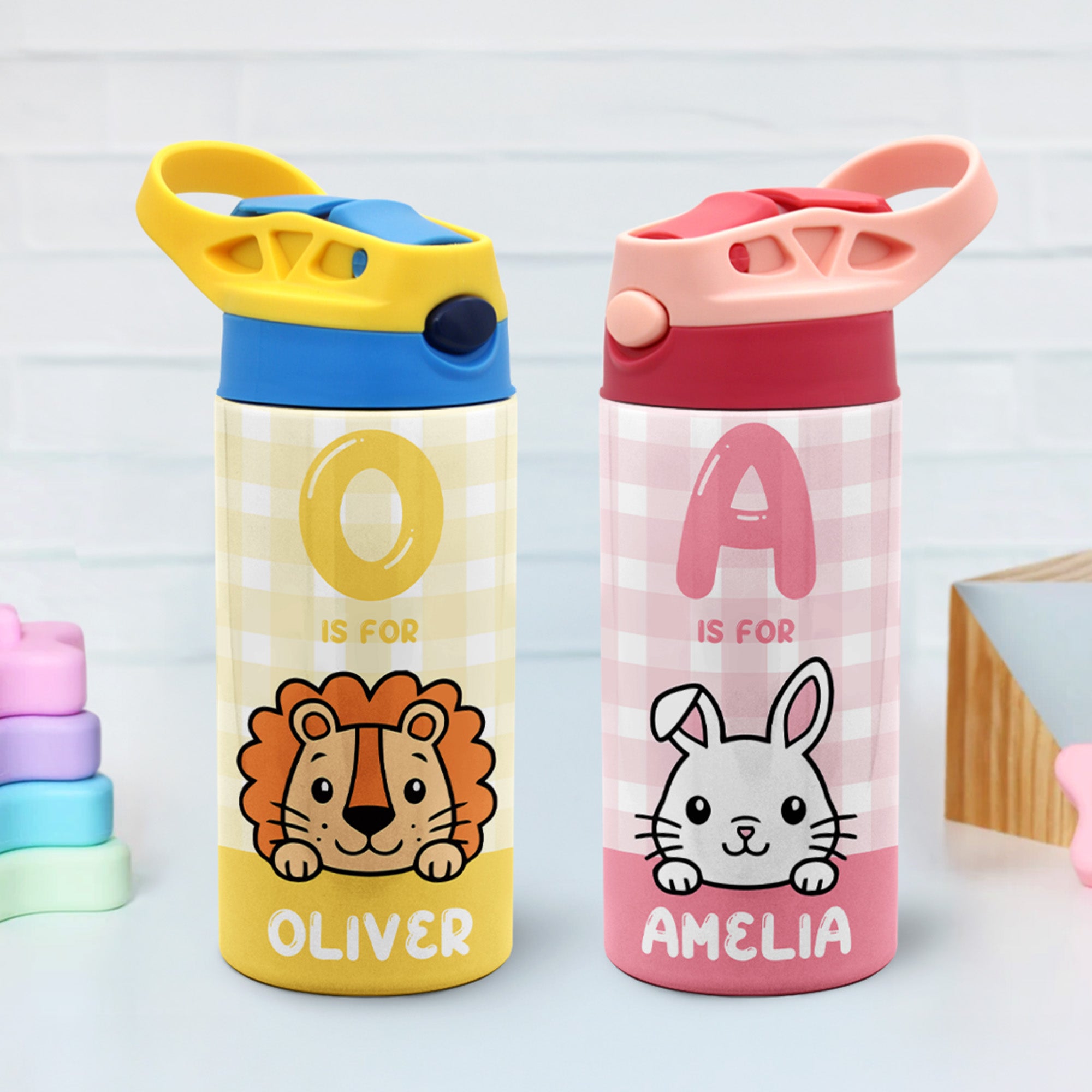 Personalizado lindo animal conejo gato a cuadros 12 oz botella de agua con el nombre y la inicial de beber a diario regalo de cumpleaños para niño niña