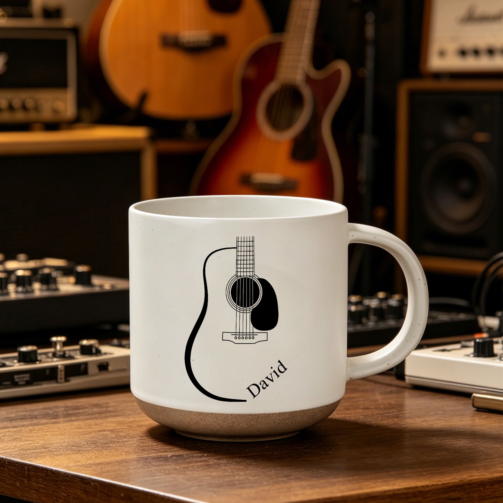 Personalizada Line Art Guitar Multicolor 12 oz Taza de Café de Cerámica con Asa y Nombre Grabado Uso Diario Regalo de Cumpleaños para Amigo Guitarrista