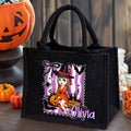 Personalizado púrpura y blanco Rayas Caricatura Personaje Negro Bolsa de lino con nombre Halloween Fiesta Regalo para Niños Niñas Mujeres