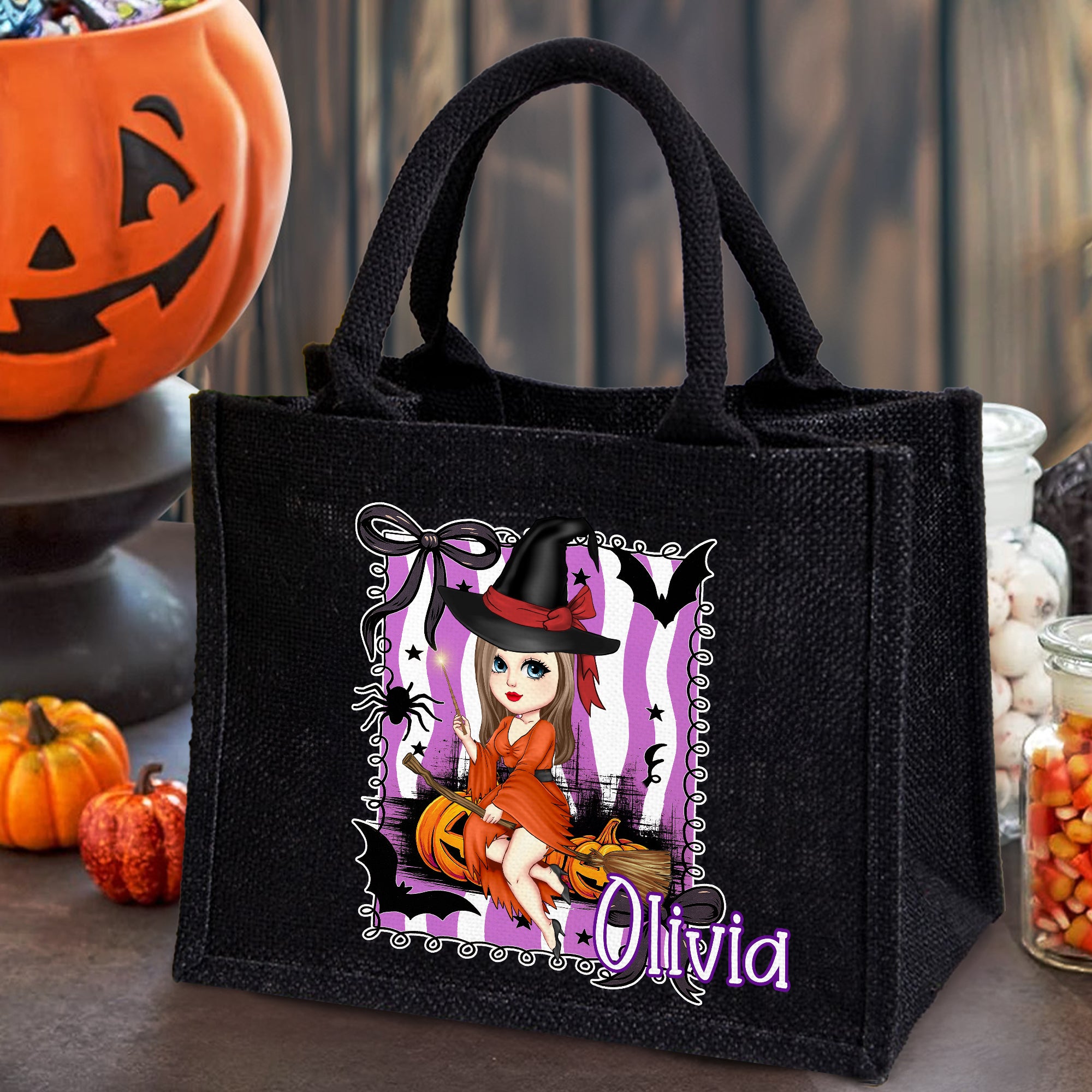 Personalizado púrpura y blanco Rayas Caricatura Personaje Negro Bolsa de lino con nombre Halloween Fiesta Regalo para Niños Niñas Mujeres