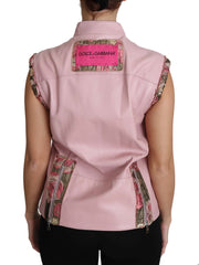 Women's Pink Zippered Lamb Sleeveless Vest Leather Jacket Polyester Cotton Nylon Clothing