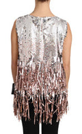 Women's Golden Pink Sequined Fringe Tank Top Gold And Nylon
