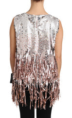 Women's Golden Pink Sequined Fringe Tank Top Gold And Nylon