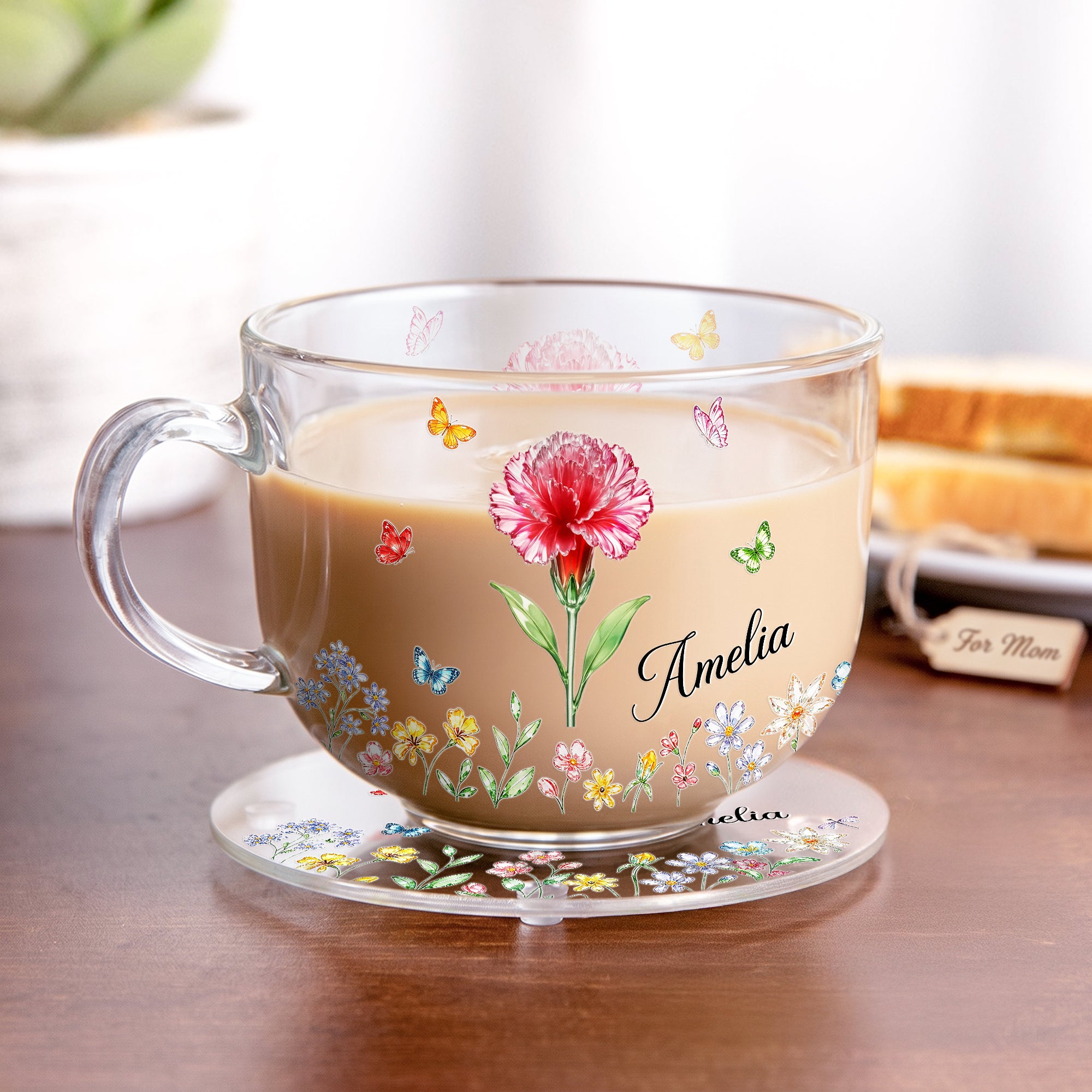 Personalizada de cristal de nacimiento de la flor de la mariposa 16 oz taza de vidrio transparente con posavasos y el nombre de regalo de cumpleaños para la mujer Bestie amigo