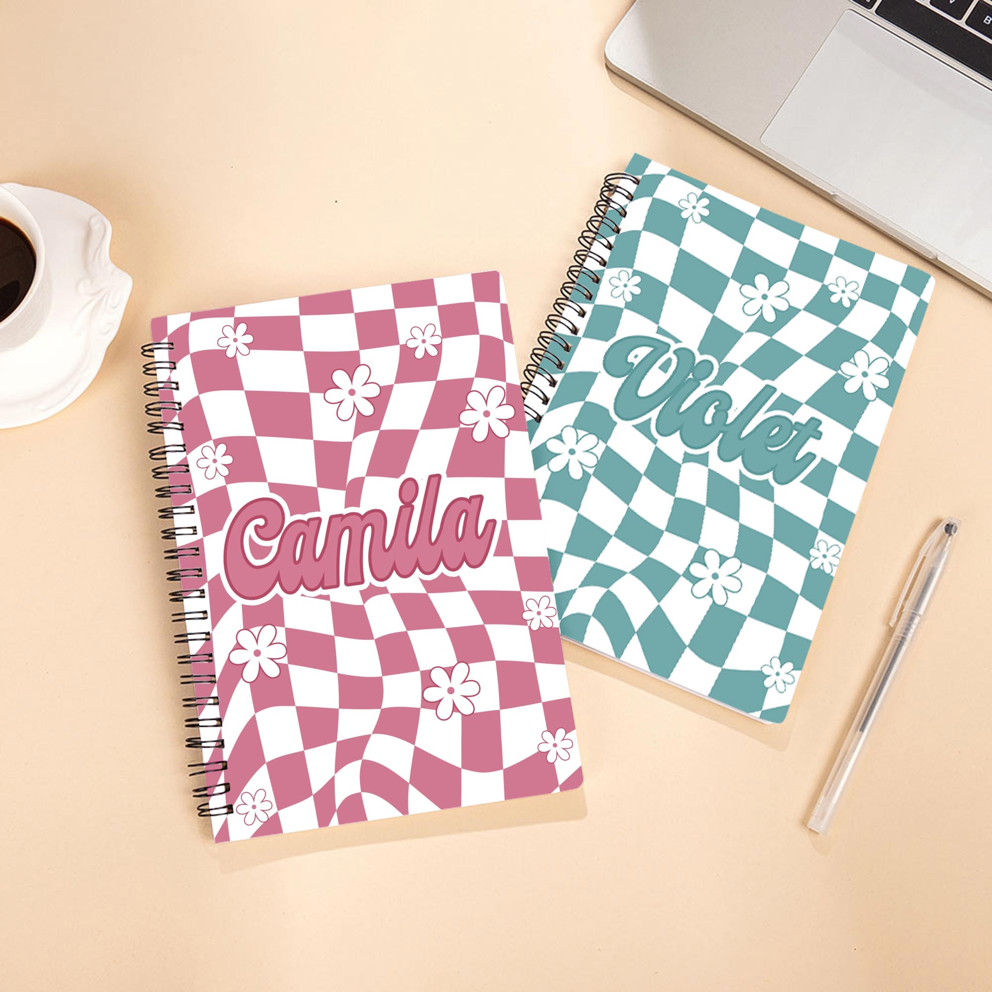 Cuaderno de espiral A5 personalizado con el nombre de la flor a cuadros y 120 páginas rayadas Material escolar Regalo de vuelta al cole para niños