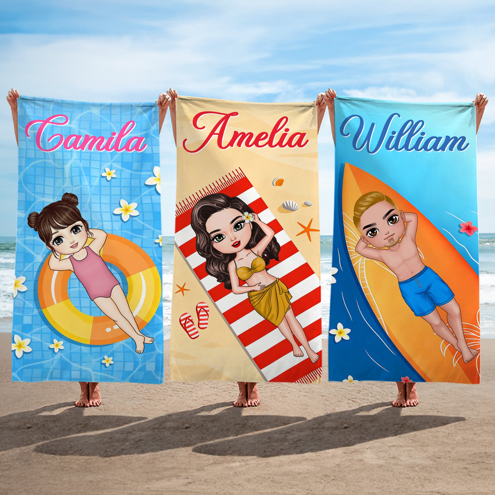 Toalla de playa de gran tamaño y secado rápido con nombre y bolsa con cordón Personalizada Personaje de dibujos animados Fiesta diaria en la playa Regalo para amigos nadadores