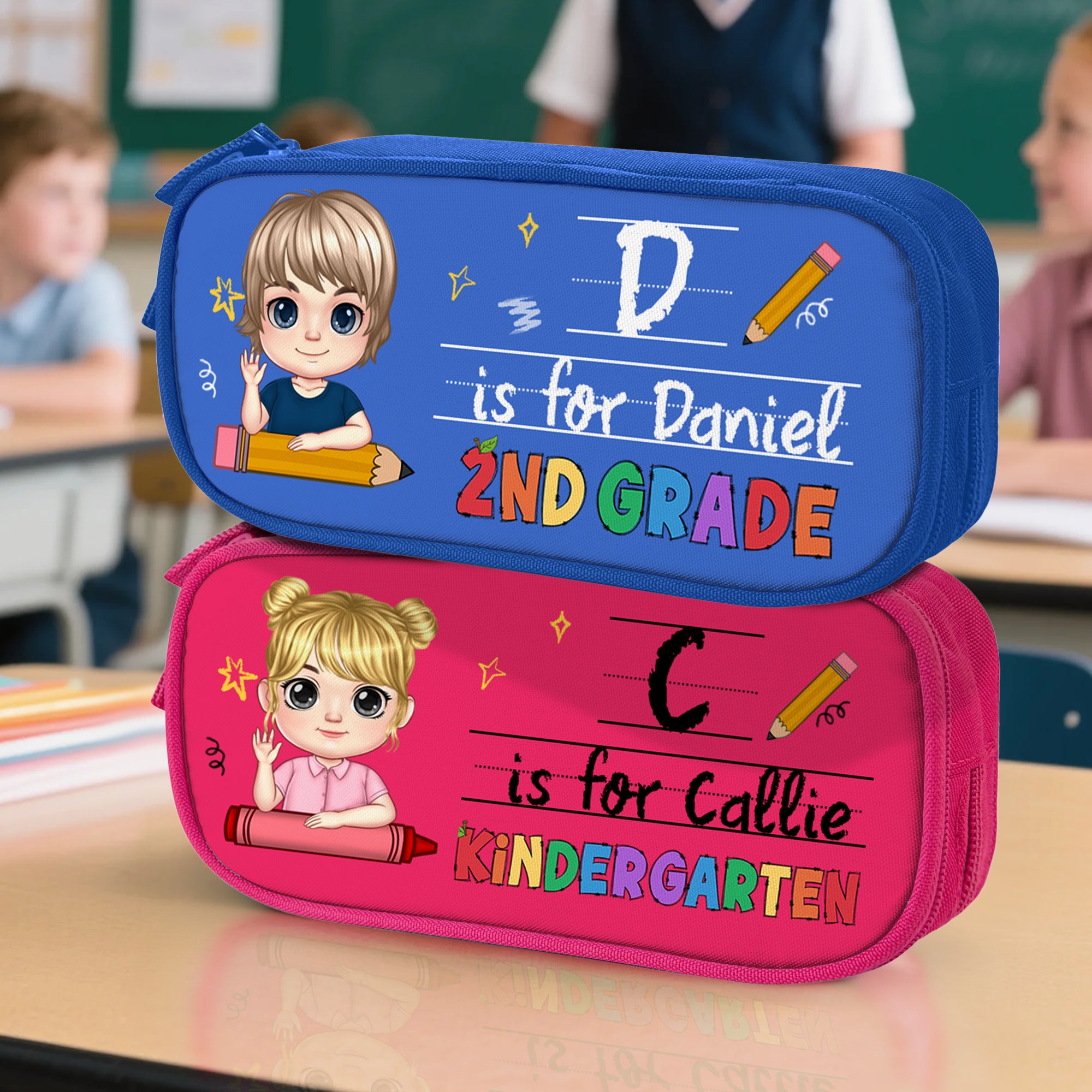 Estuche Oxford Personalizado de Caricatura con Inicial y Texto Material Escolar Regalo de Cumpleaños de Vuelta al Cole para Niños Niñas