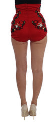 Women's Red Silk Crystal Roses Shorts