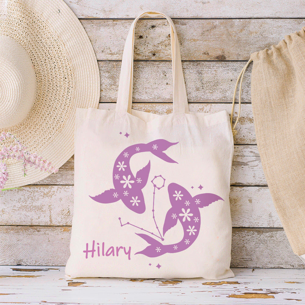 Personalizada Signo del Zodiaco Flor Lienzo Bolsa de tela reutilizable con nombre Esenciales de viaje Graduación Cumpleaños Regalo para Mujeres